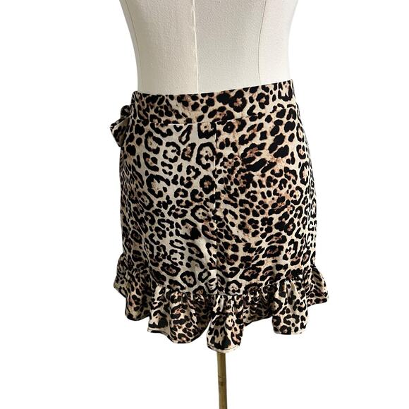 Forever 21 Wrap Mini Skirt Womens Small Brown Leopard Ruffle Hem Tie Boho Summer - Picture 6 of 8